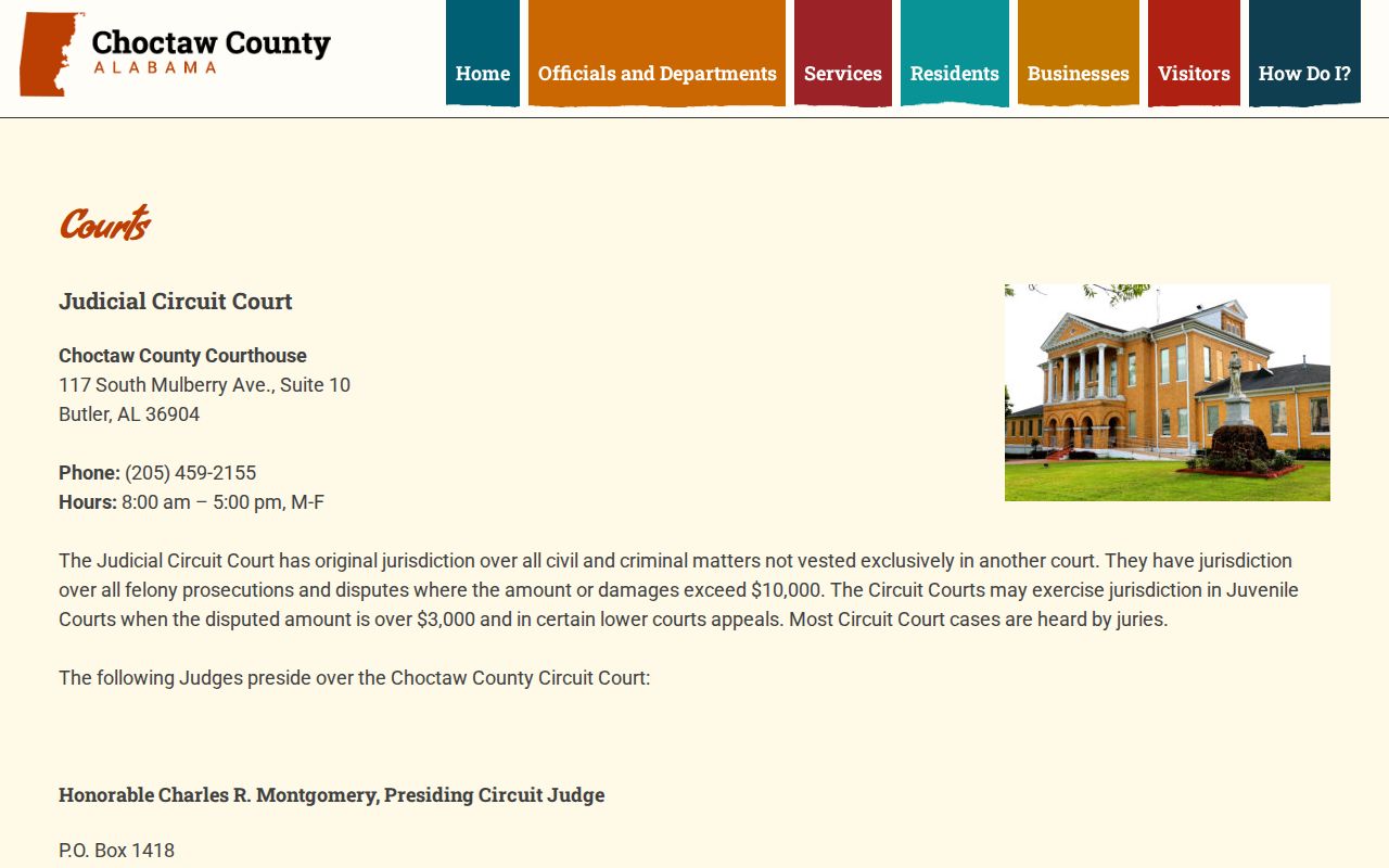 Choctaw County bench warrant court contact and courthouse page