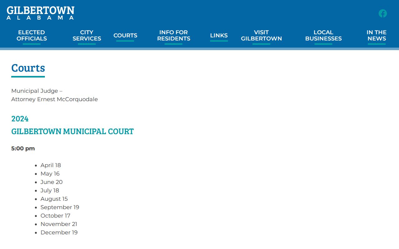 Gilbertown Municipal Court page used to route a Gilbertown warrant check