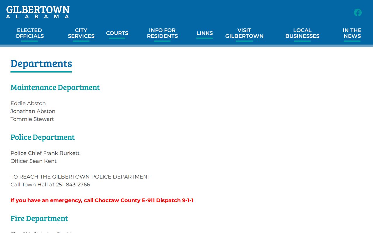 Gilbertown Police and Town Hall contact page for warrant record routing