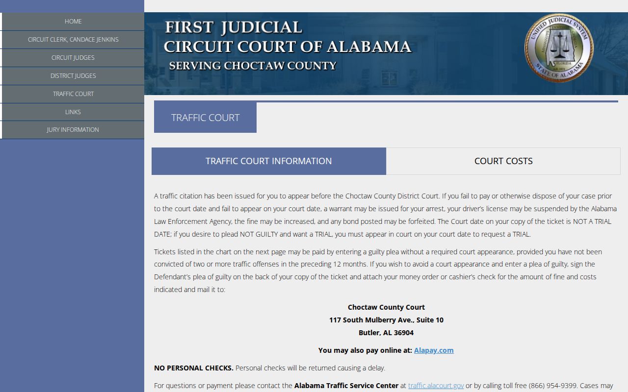 Choctaw County traffic warrant court instruction page